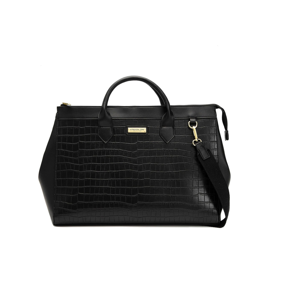 London Fog Zinnia Croco Weekend Satchel in Black Gold Hardware Zip Closure
